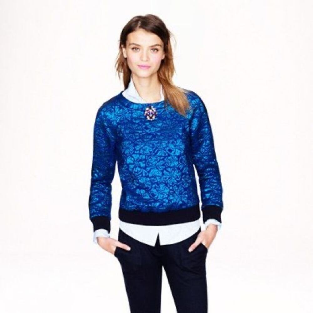 J Crew Floral Jacquard Knit Sweatshirt Blue Metallic Crew Neck Long Sleeve Top S - Picture 6 of 8